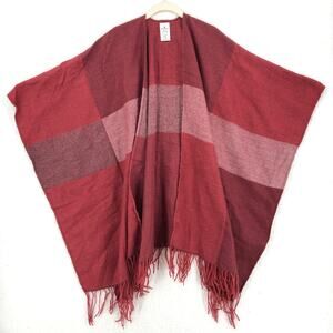 Woolrich Poncho Womens OS Red Colorblock Wrap Sweater Open Front Fringe Trim